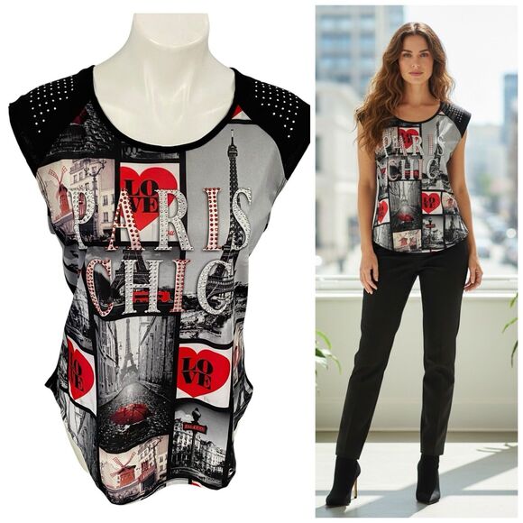Ocasion Tops - Occasion Top Womens XL Paris Chic Pop Art Collage Print Eiffel Tower Y2k Glitzy